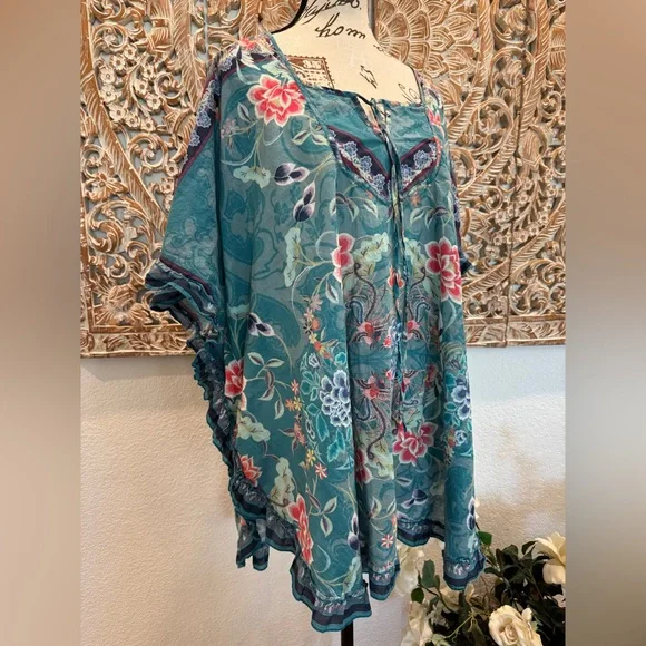 Johnny Was Teal Blue Floral & Birds Lightweight Cotton Ruffle Trim Cover-Up - Picture 3 of 12